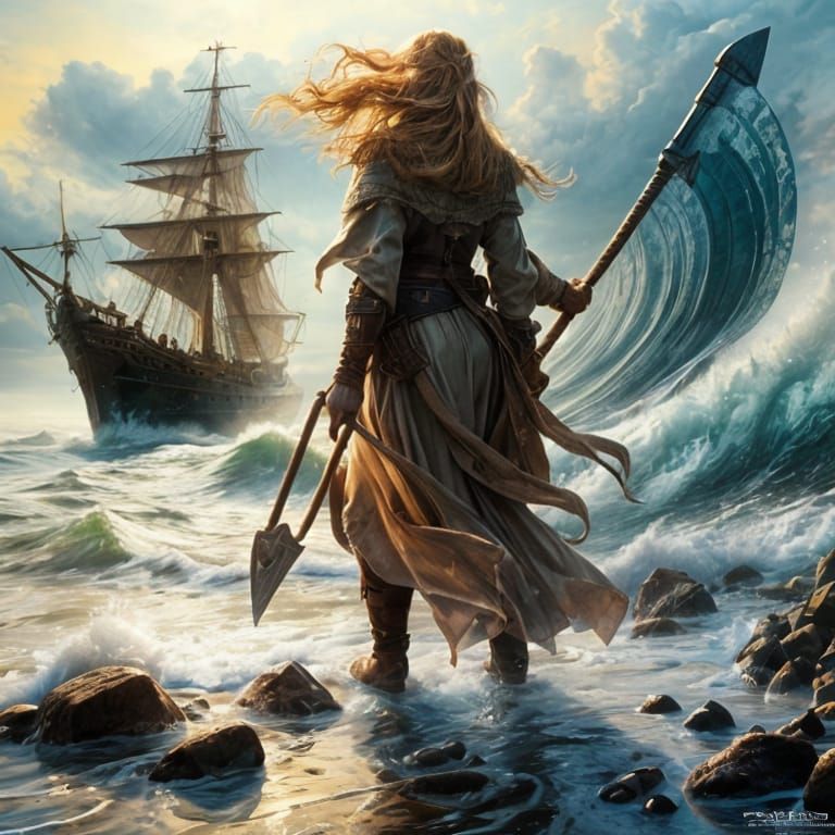 Nordic Maiden Awaits Ship on Stormy Sea