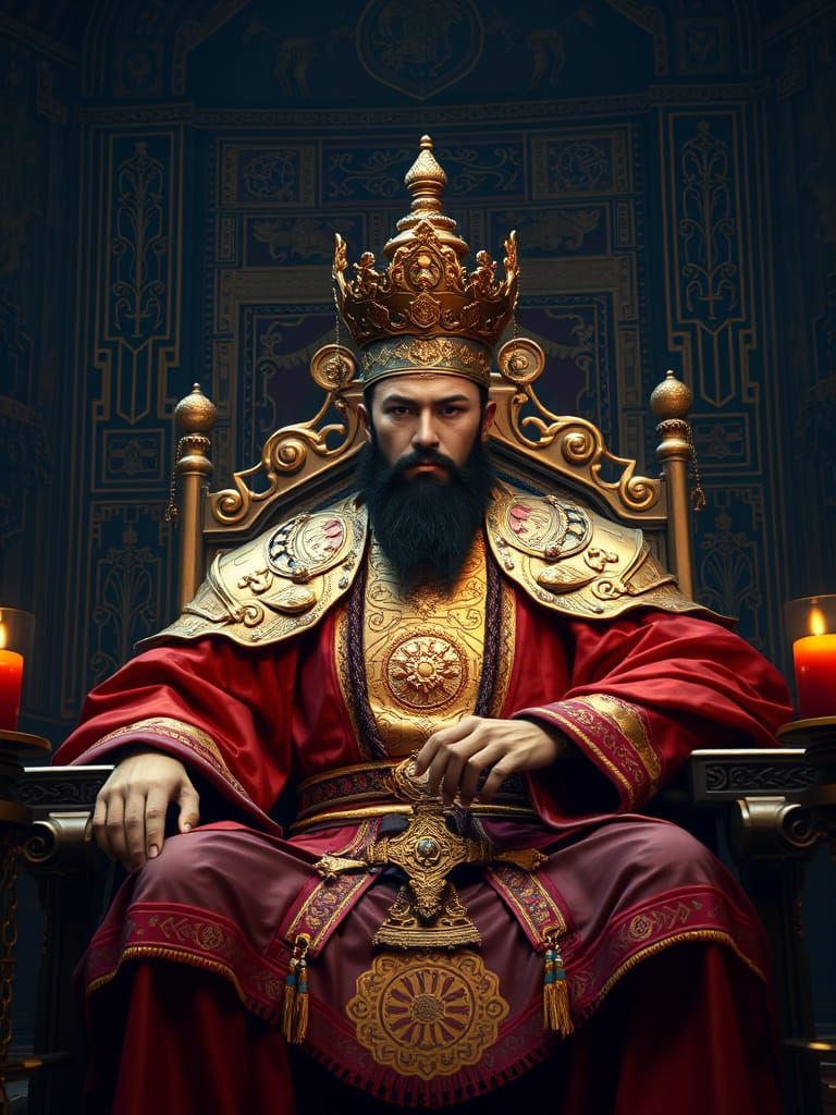 Medieval Mongol Emperor in Golden Armor Sits on Throne