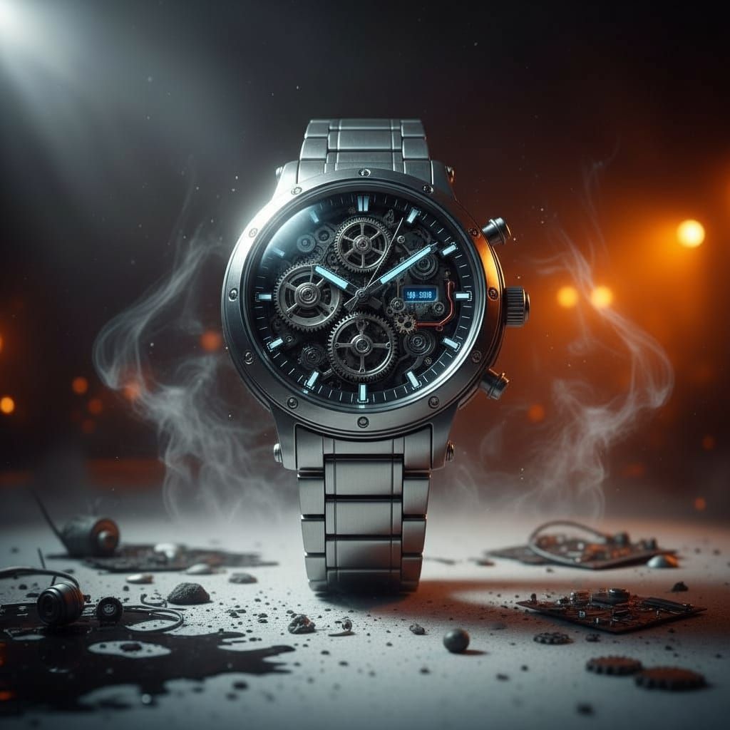 Hyperrealistic Silver Steel Watch with Spotlight