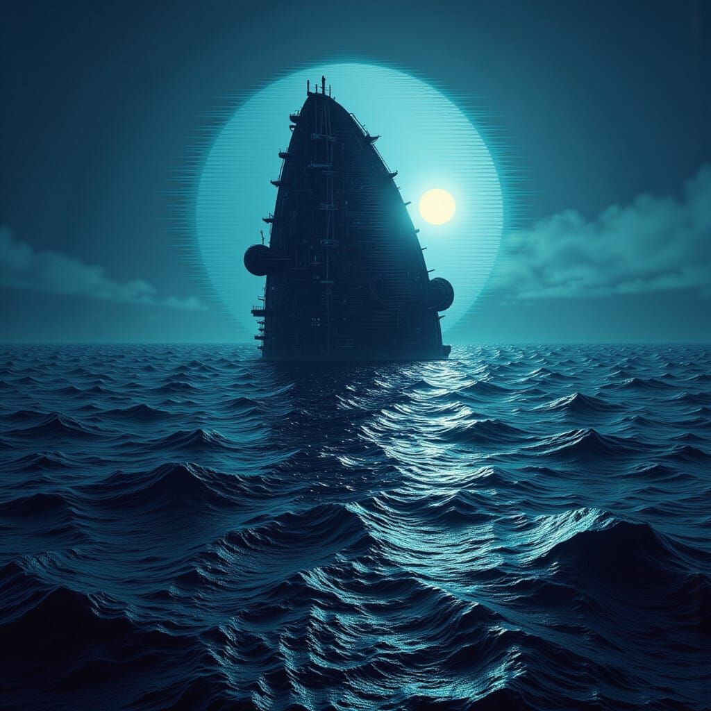 Glitchcore Spaceship Emerges from Ocean Depths