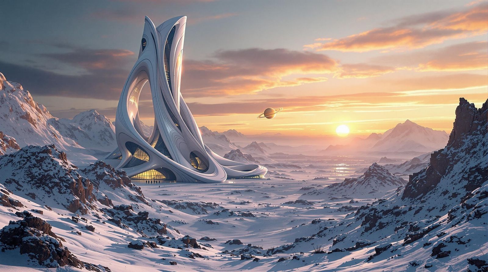Neo-Futuristic Skyscraper in Winter Sci-Fi Landscape