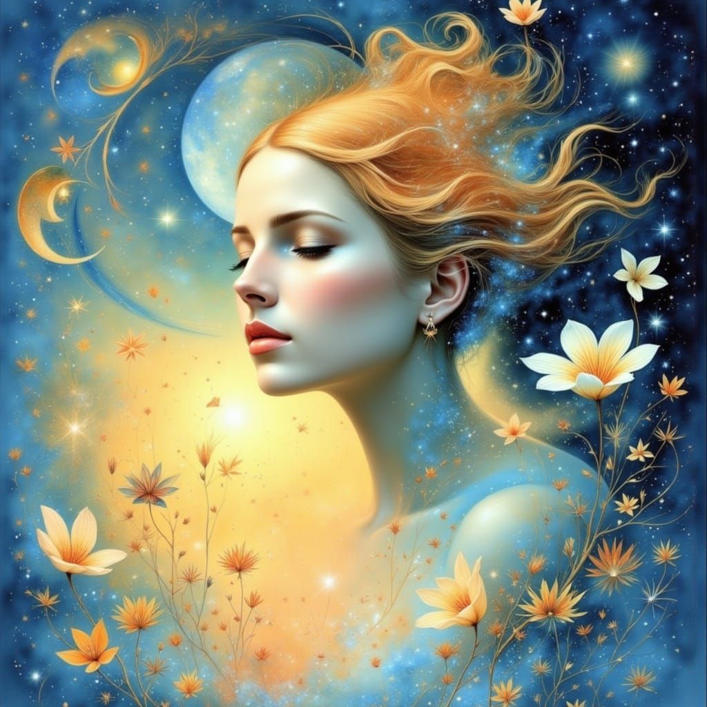 Ethereal Dreamscape with Woman in Soft, Whispy Clouds