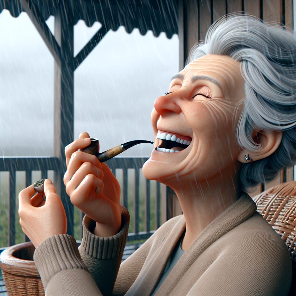 Cartoon Grandma Smoking a Pipe in the Rain