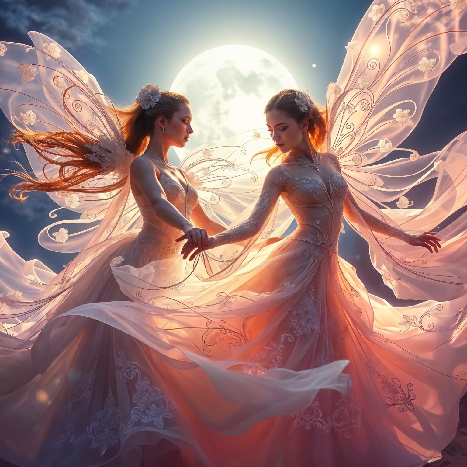 Ethereal Dancers in Luminous Embroidered Fantasy Under Moonl...