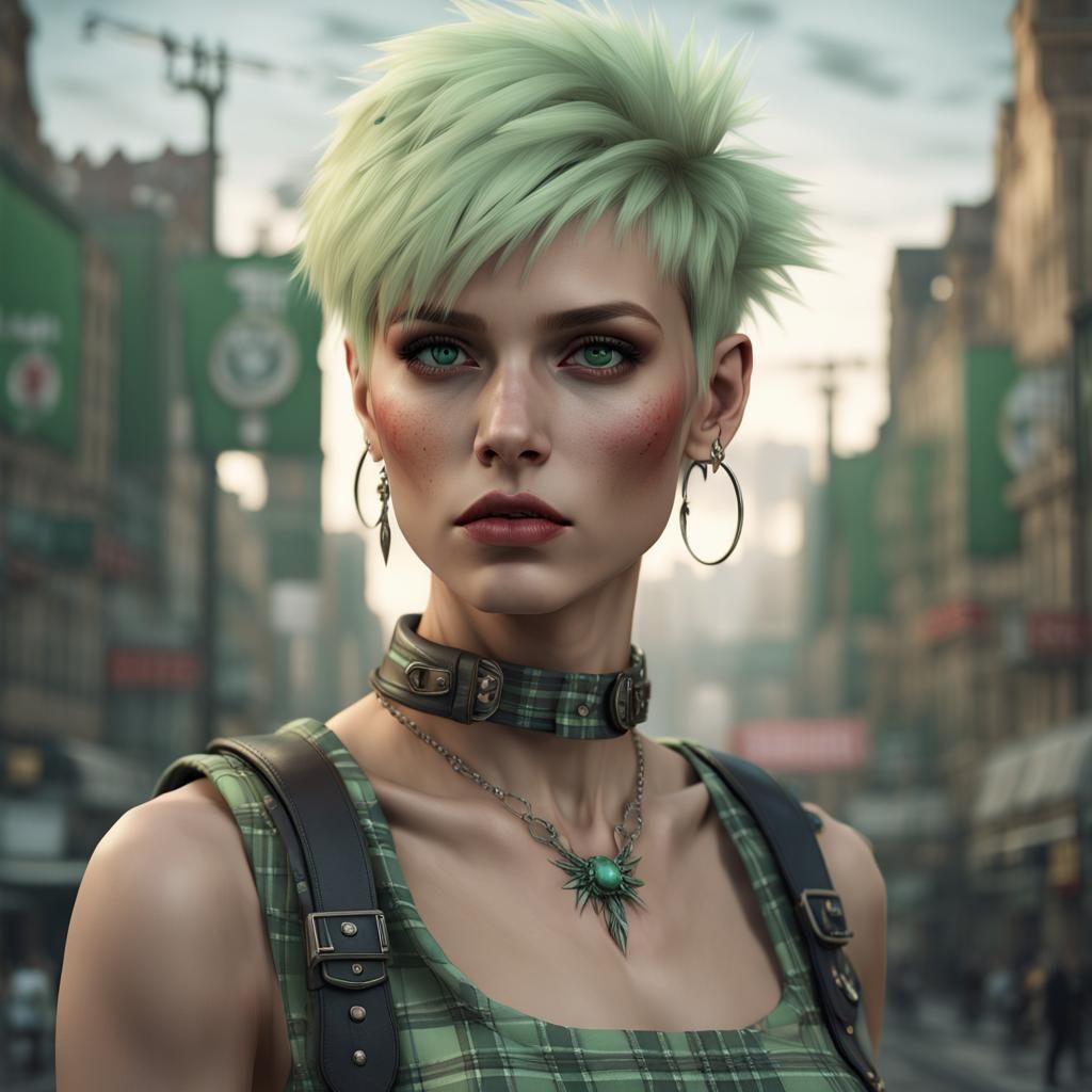 Punk Woman in Green Plaid Skirt: Fantasy Art