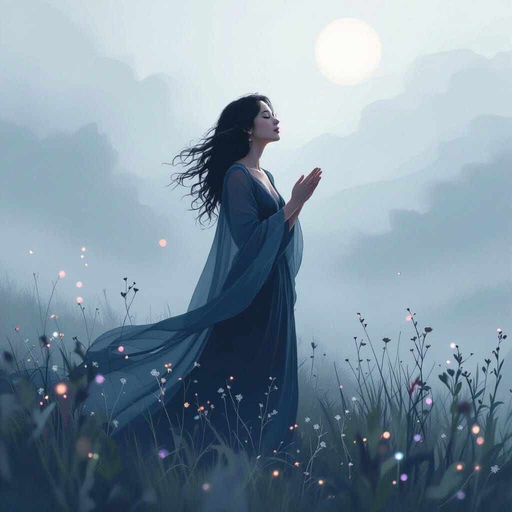 Ethereal Singer in Dreamy Landscape, Inspired by James Jean