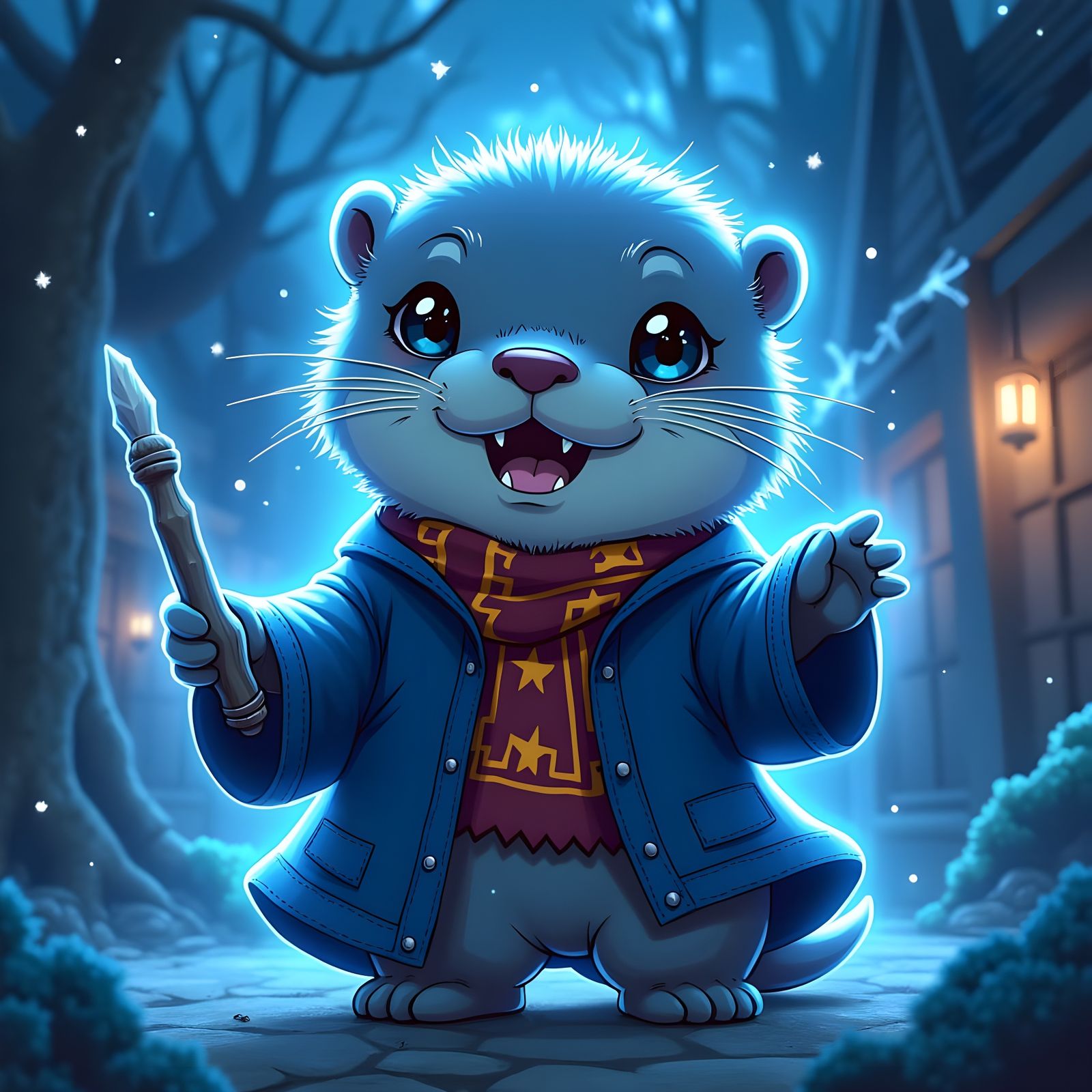 Chibi Otter Wizard Attends Hogwarts Under Neon Skies