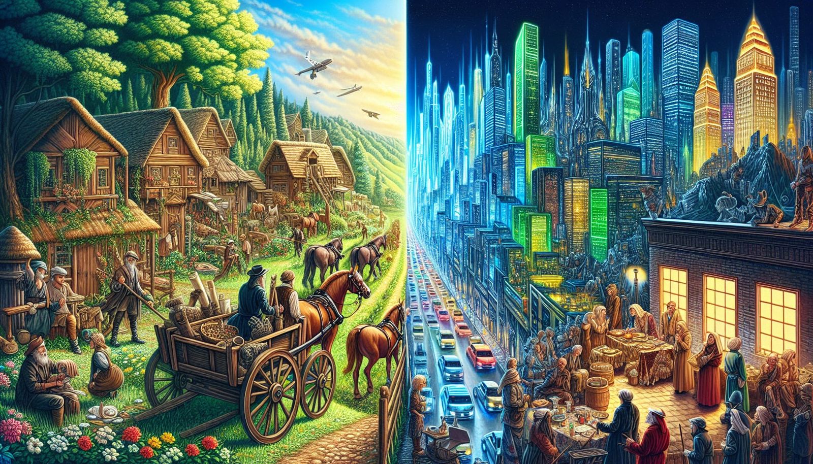 Medieval Village Meets Neon Cityscape