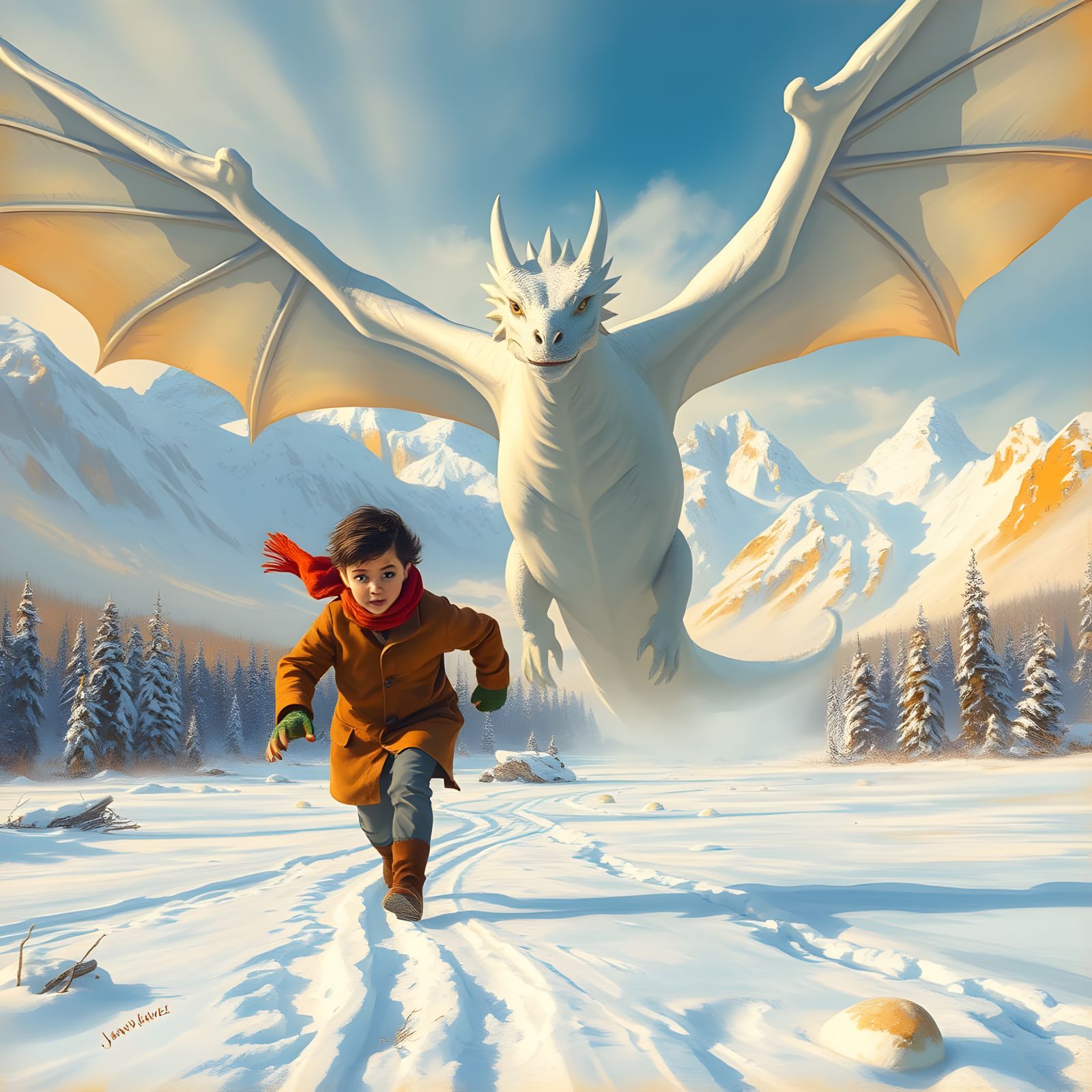 Dragon Chase in Snowy Landscape