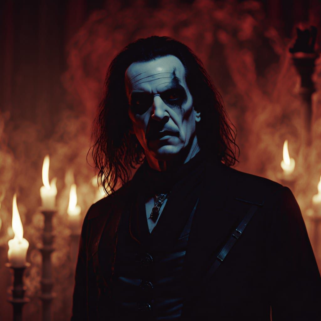 Resurrected Guitarist Surrounded by Shadows in a Dimly Lit C...