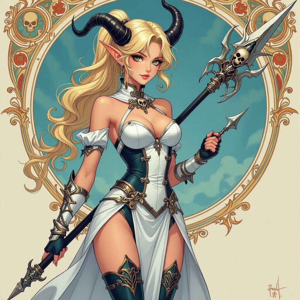 Blonde Demoness with Elf Ears and Spear, Detailed Fantasy Ar...