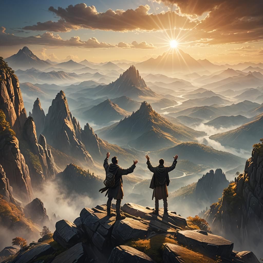 Epic Fantasy Prayer on Misty Mountain Peak