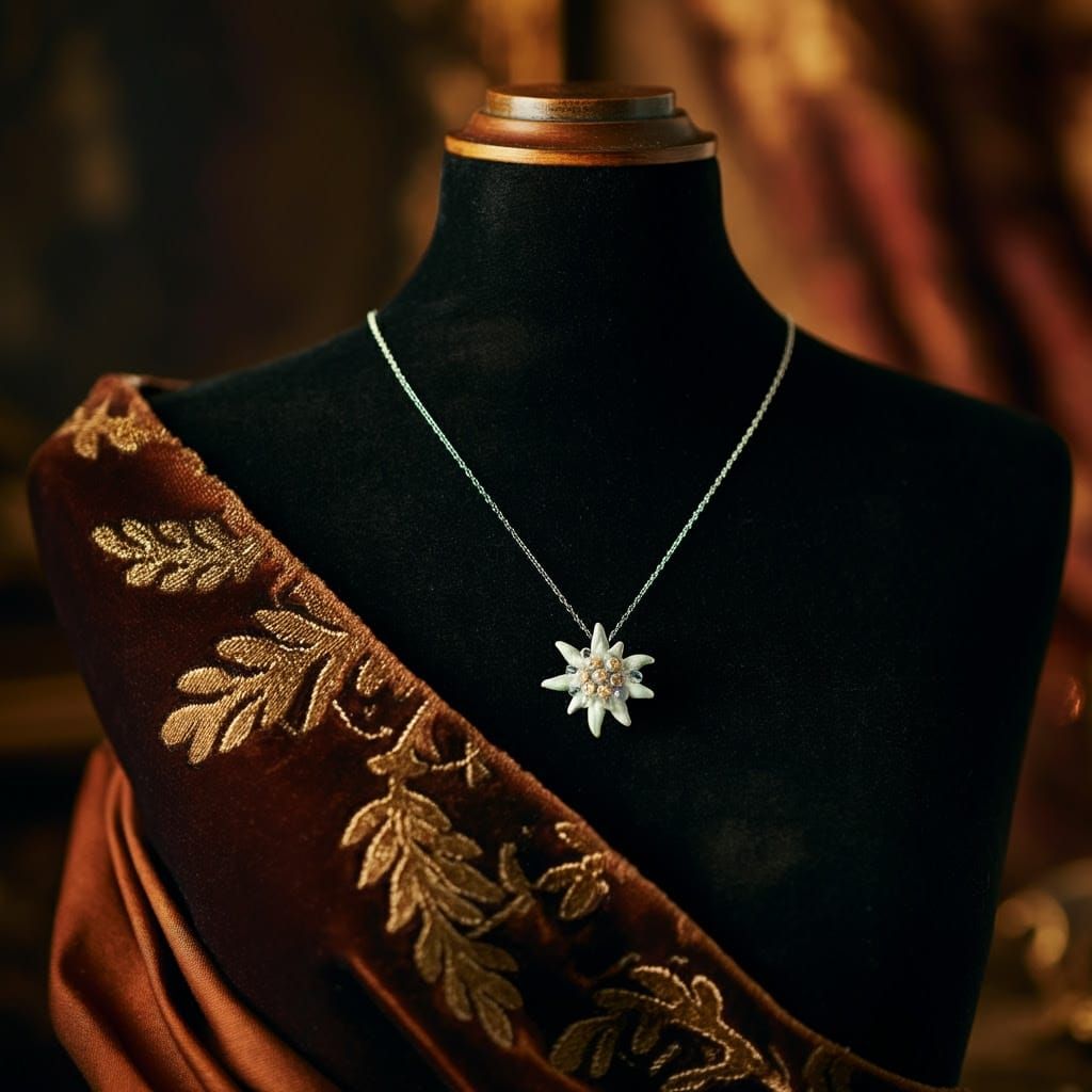 Luxurious Silver Necklace with Glass Edelweiss Pendant in Op...