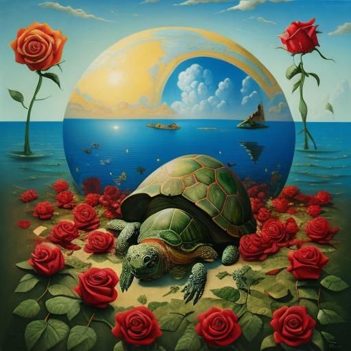 Surreal Turtle Rose Fusion in Dali Style