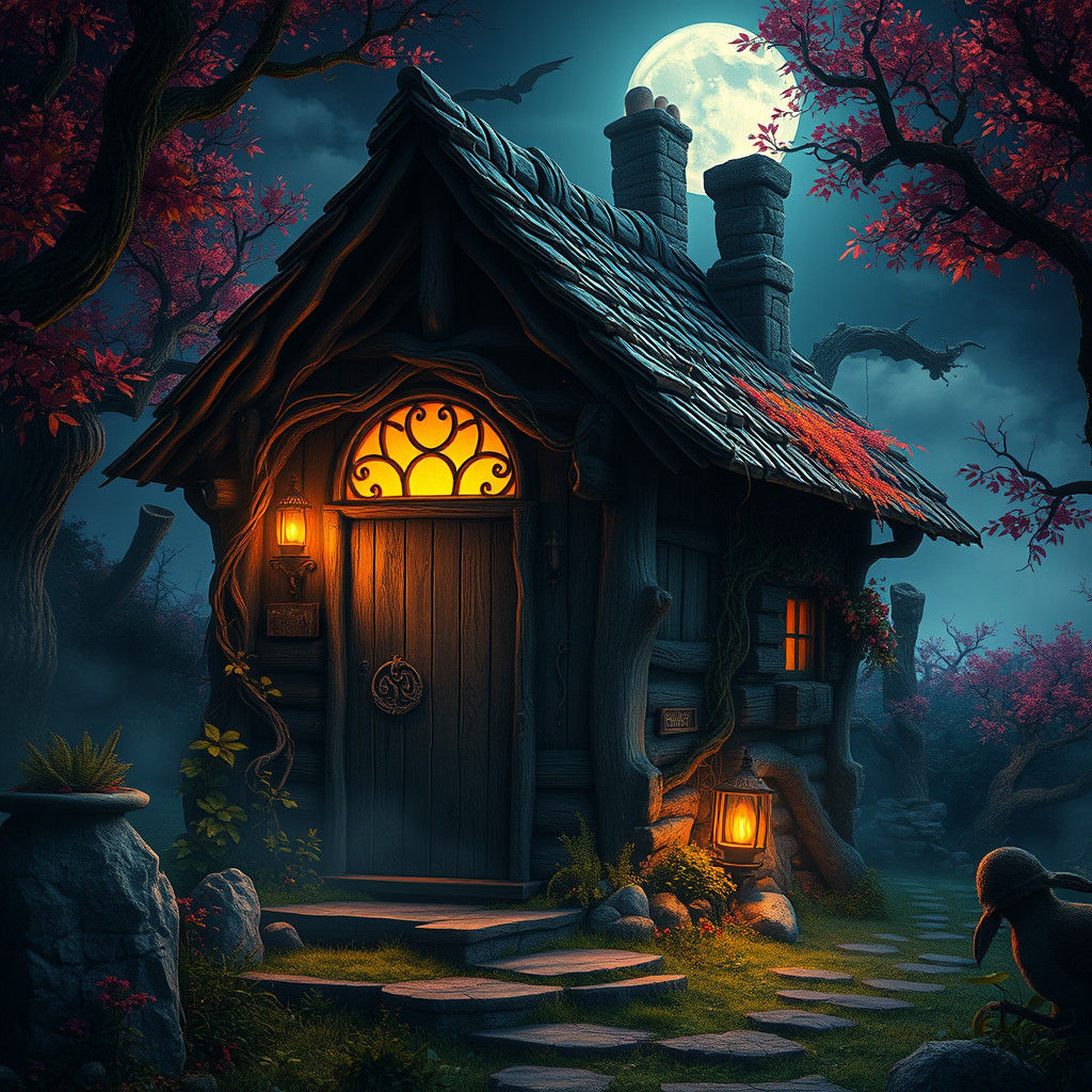 Mystical Cottage in Moonlit Landscape: Fantasy Concept Art