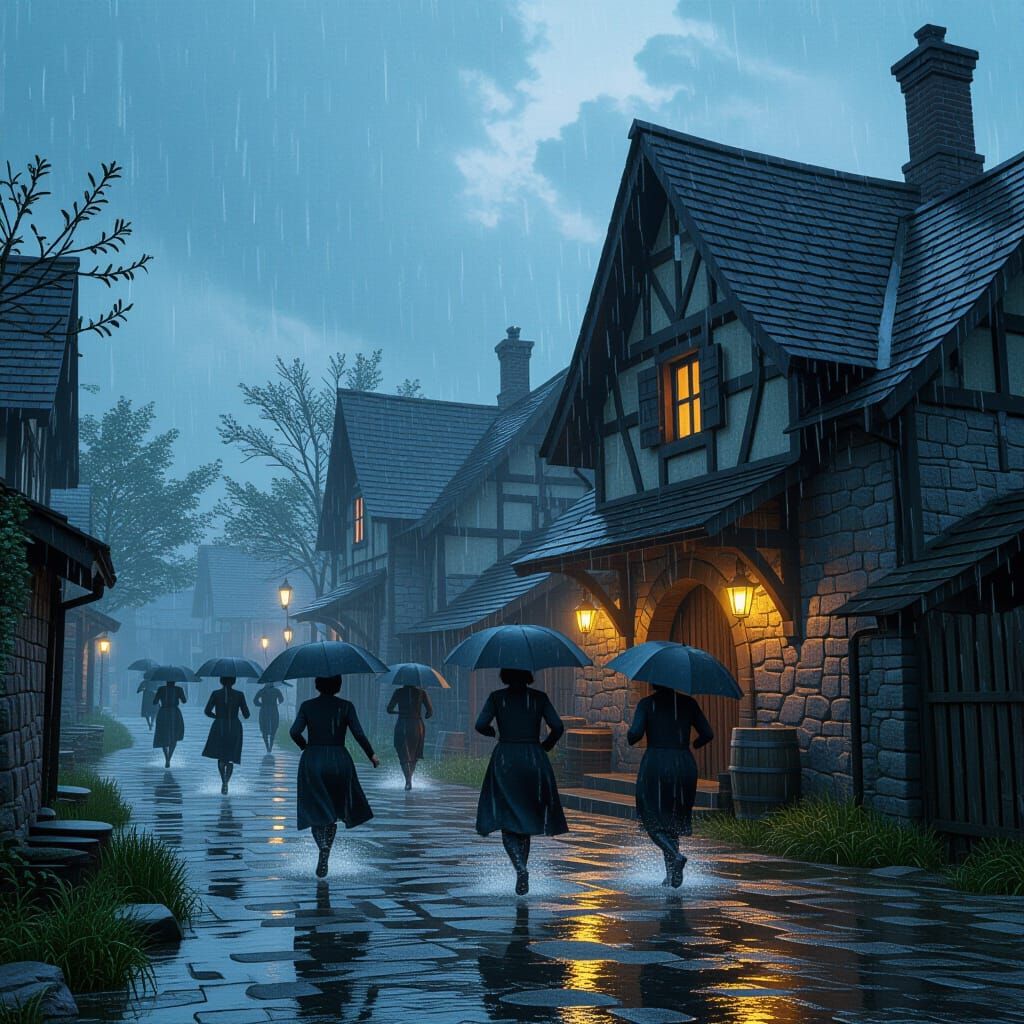 People Seek Shelter In A Detailed Village During Rain