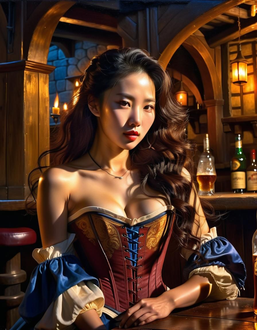 Korean Woman in Medieval Tavern, Baroque Oil Painting