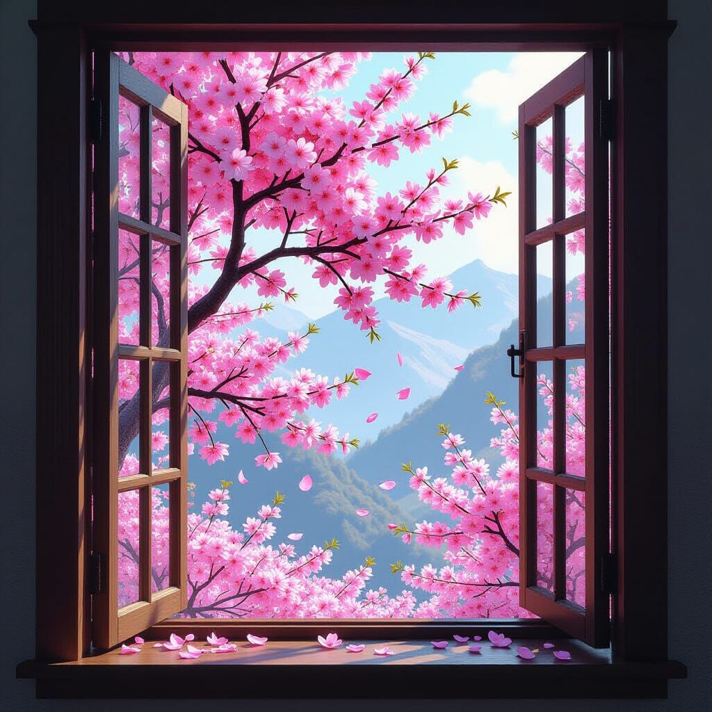 Vibrant Cherry Blossoms Burst Through Open Window