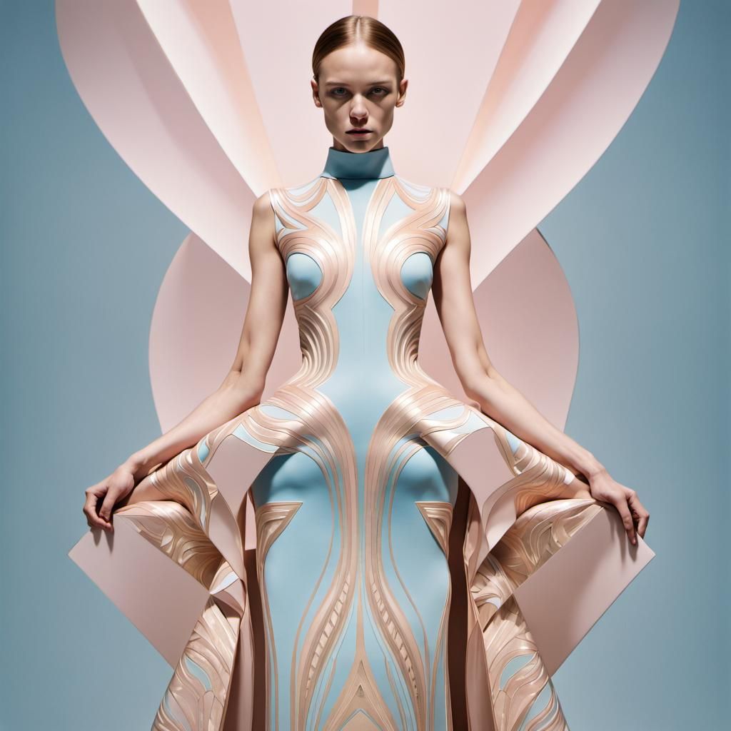 Golden Woman in Abstract Pastel Dress