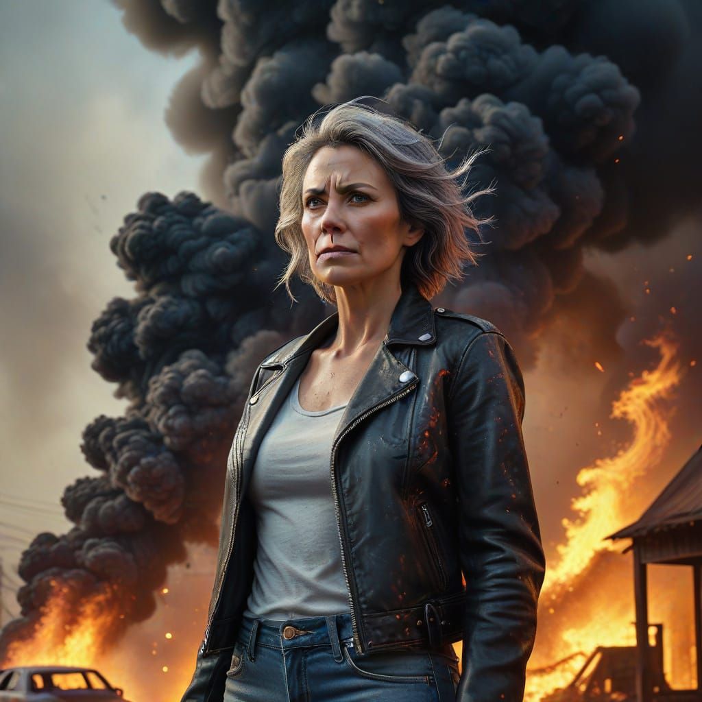 Woman Before Burning Town: Hyperrealistic Splash Art