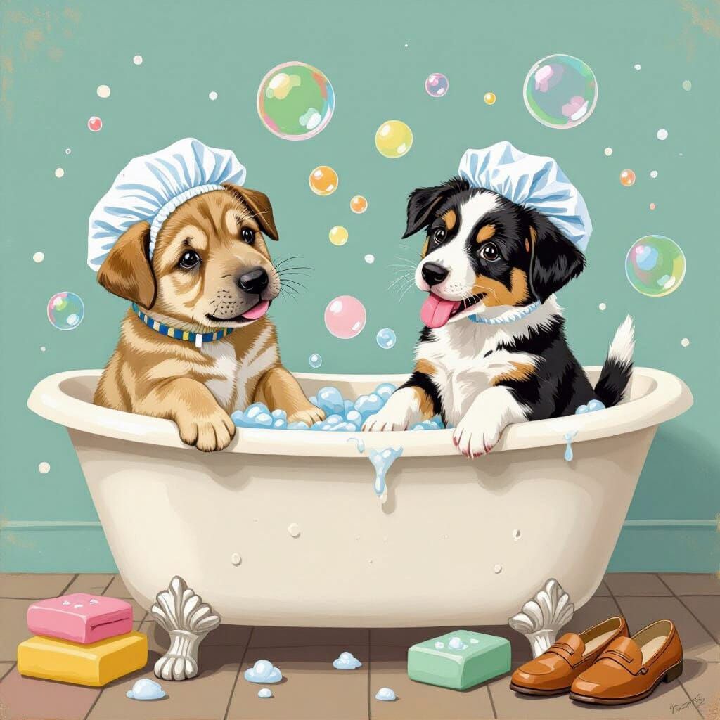 Puppies Play in Bathtub in Whimsical Style