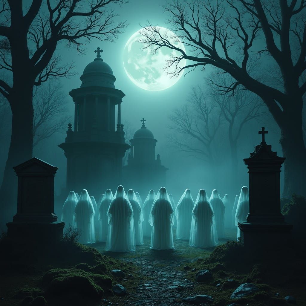 Ethereal Gathering in a Haunting Gothic Cemetery