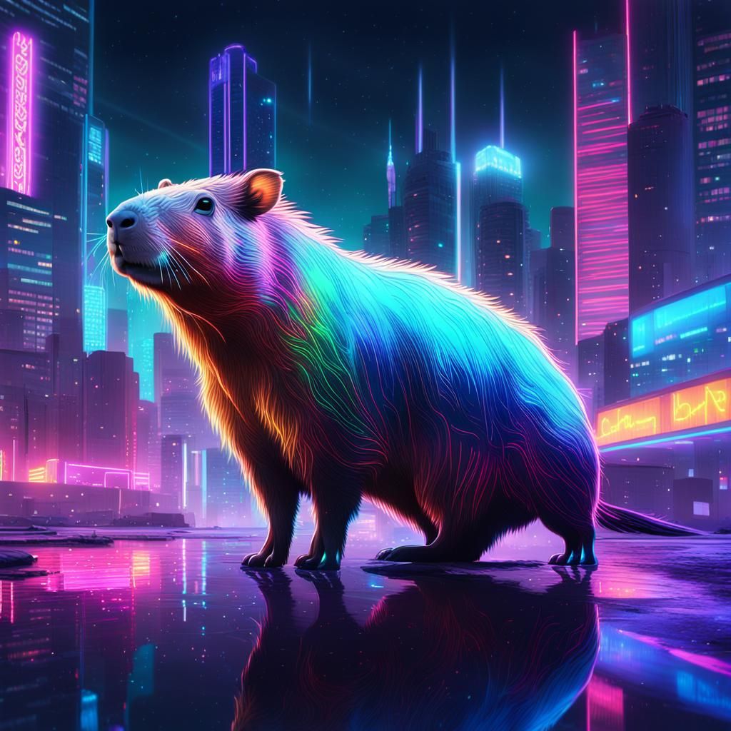 Galaxy Capybara in Neon City, 3D Anime Art