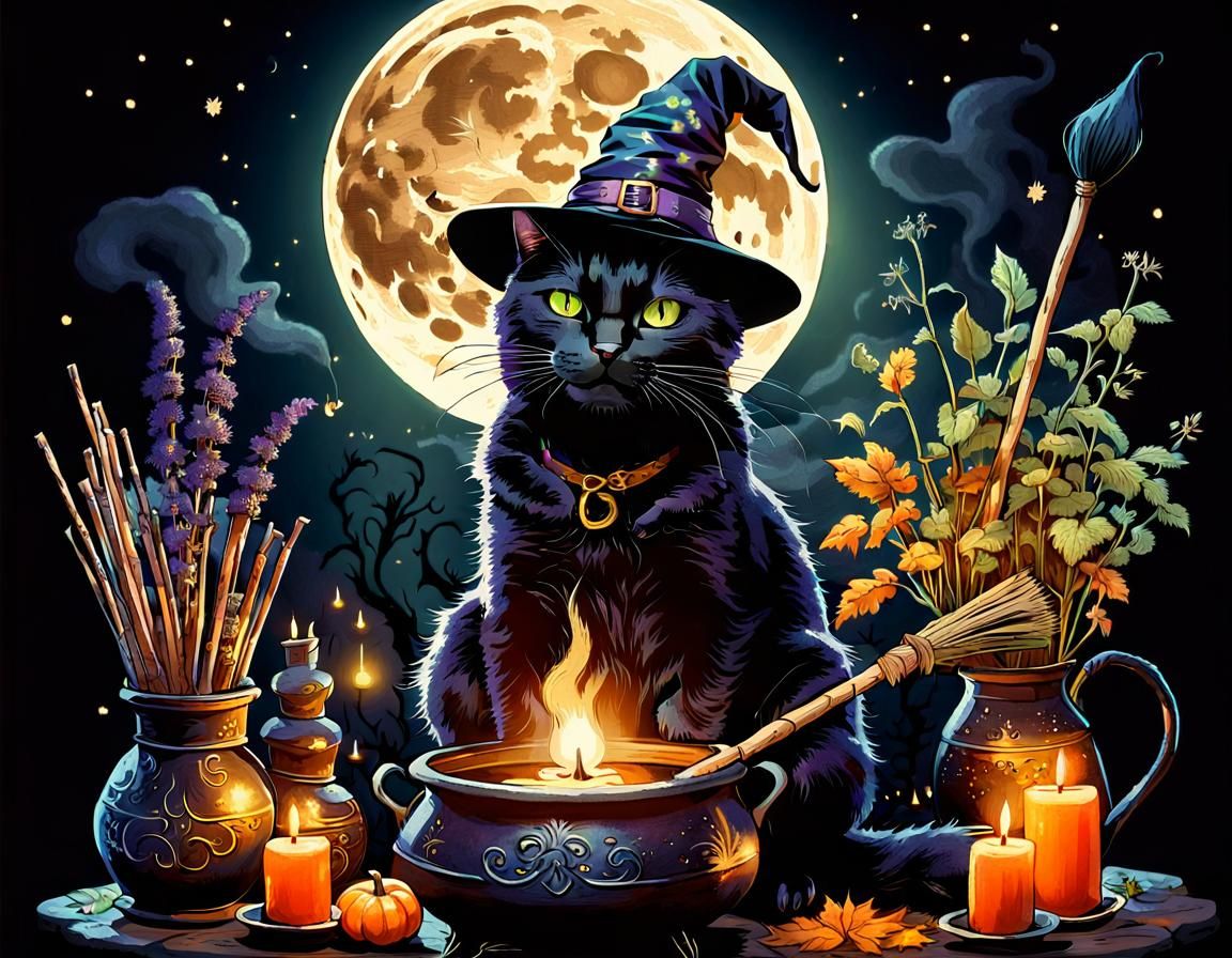 Black Cat Witch Brewing Potion Under Moonlight