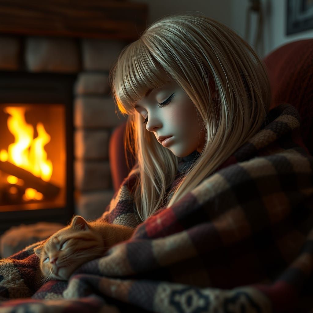 Teen Girl Asleep by Fire with Cat