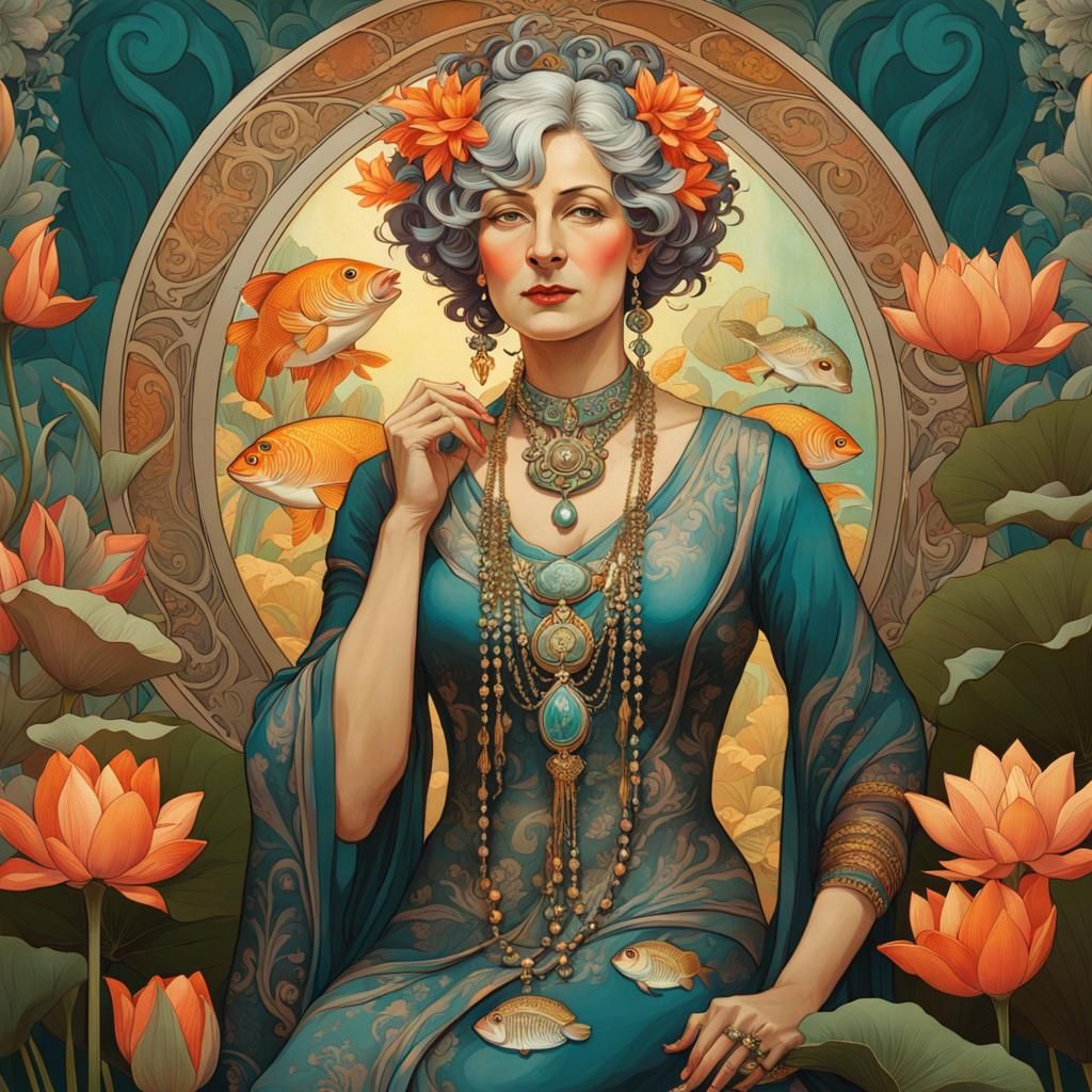Art Nouveau Portrait of Woman with Flowers