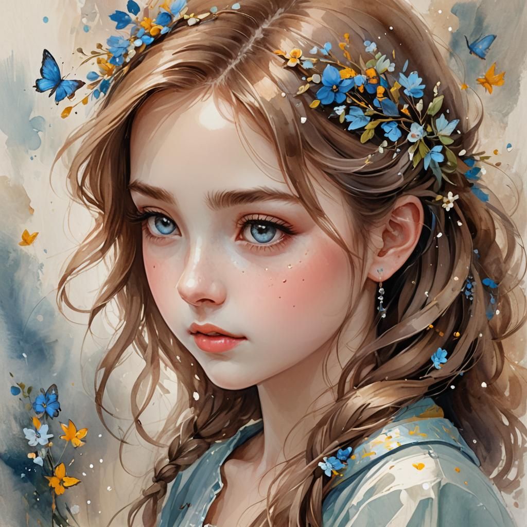 Kind Girl: Masterpiece Painted Illustration of Protective Fe...