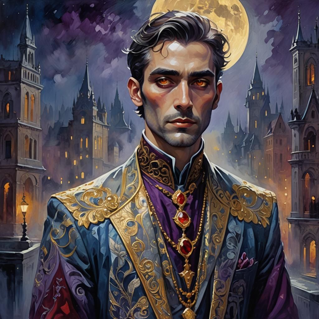 Golden-Eyed Man in Misty City, Fauvist Art Style