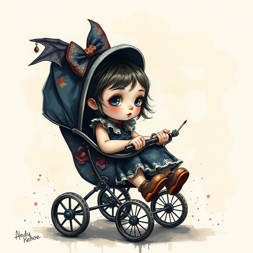 Gothic Punk Baby in Burtonesque Gouache Style