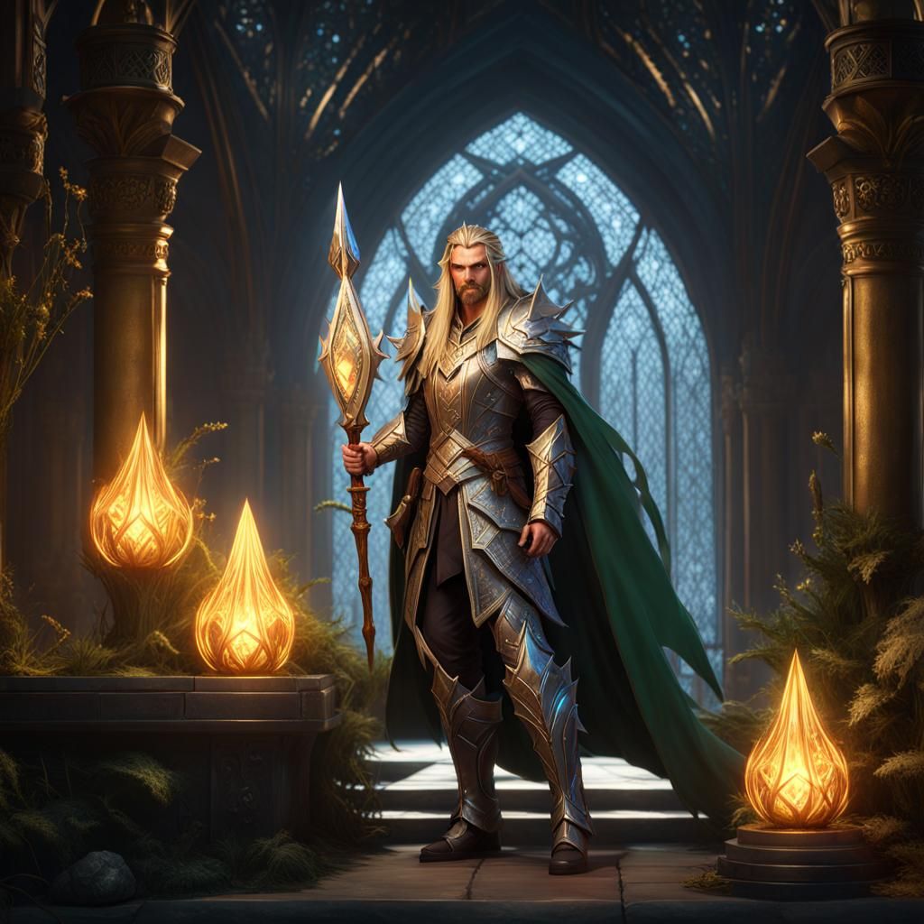 Armored Elf Wizard with Jewel Staff, Dark Fantasy Art