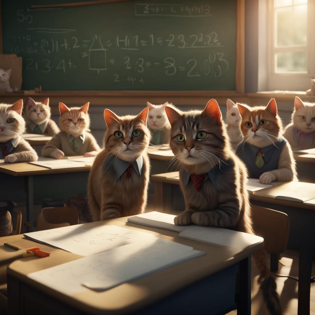 Cats Taking Math Test in Classroom: Hyperrealistic Art