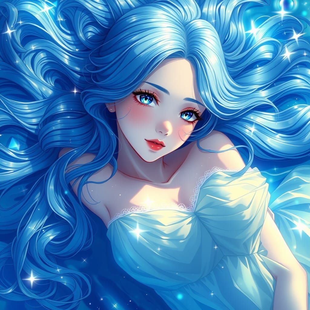 Azure Goddess Radiates Celestial Beauty in Dreamlike Anime S...
