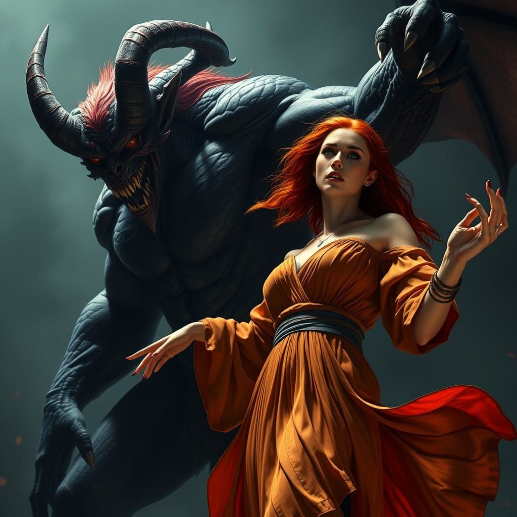 Dark Fantasy Demon Confronts Terrified Priestess in Epic Sce...