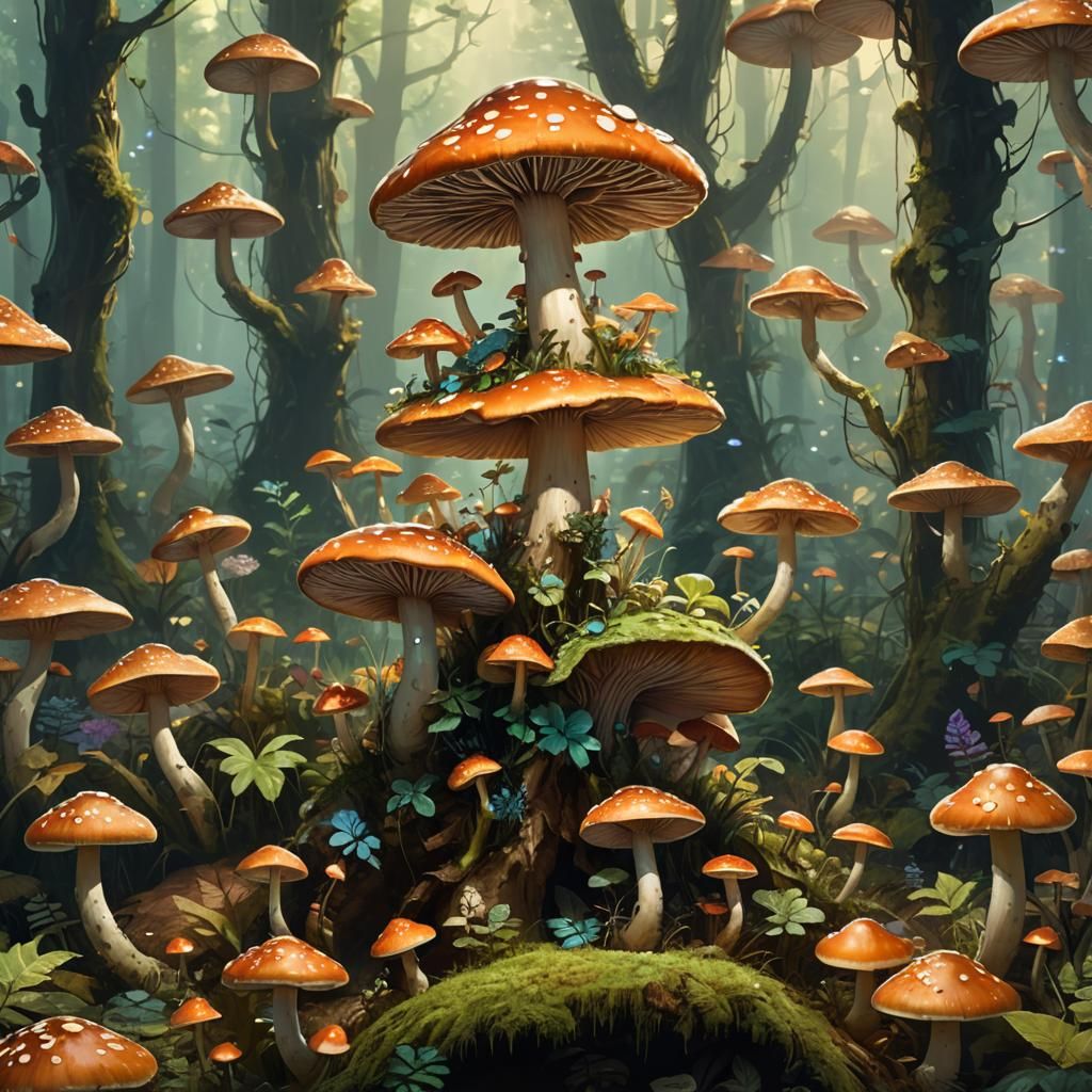 Fae Perched in a Glowing Mushroom Forest