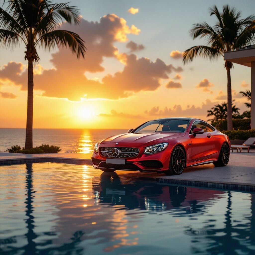 Red Matte Black Ombre Mercedes Coupe by Pool at Golden Hour