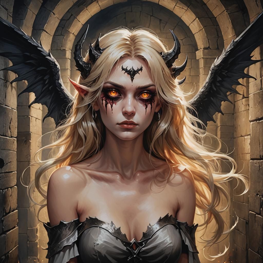 Blonde Demon with Angelic Eyes in Acrylic Art