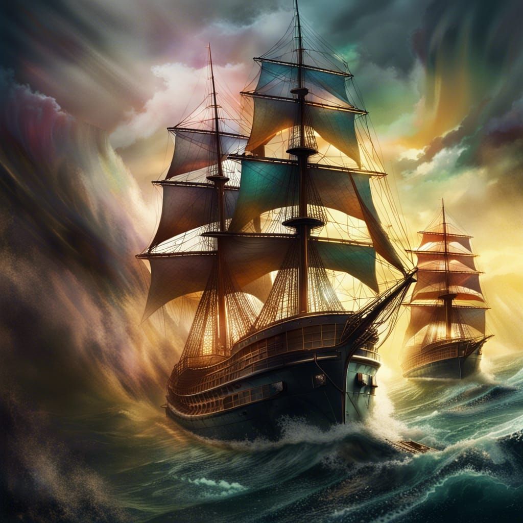 Old Ships Sailing Stormy Sea in Splash Art Style
