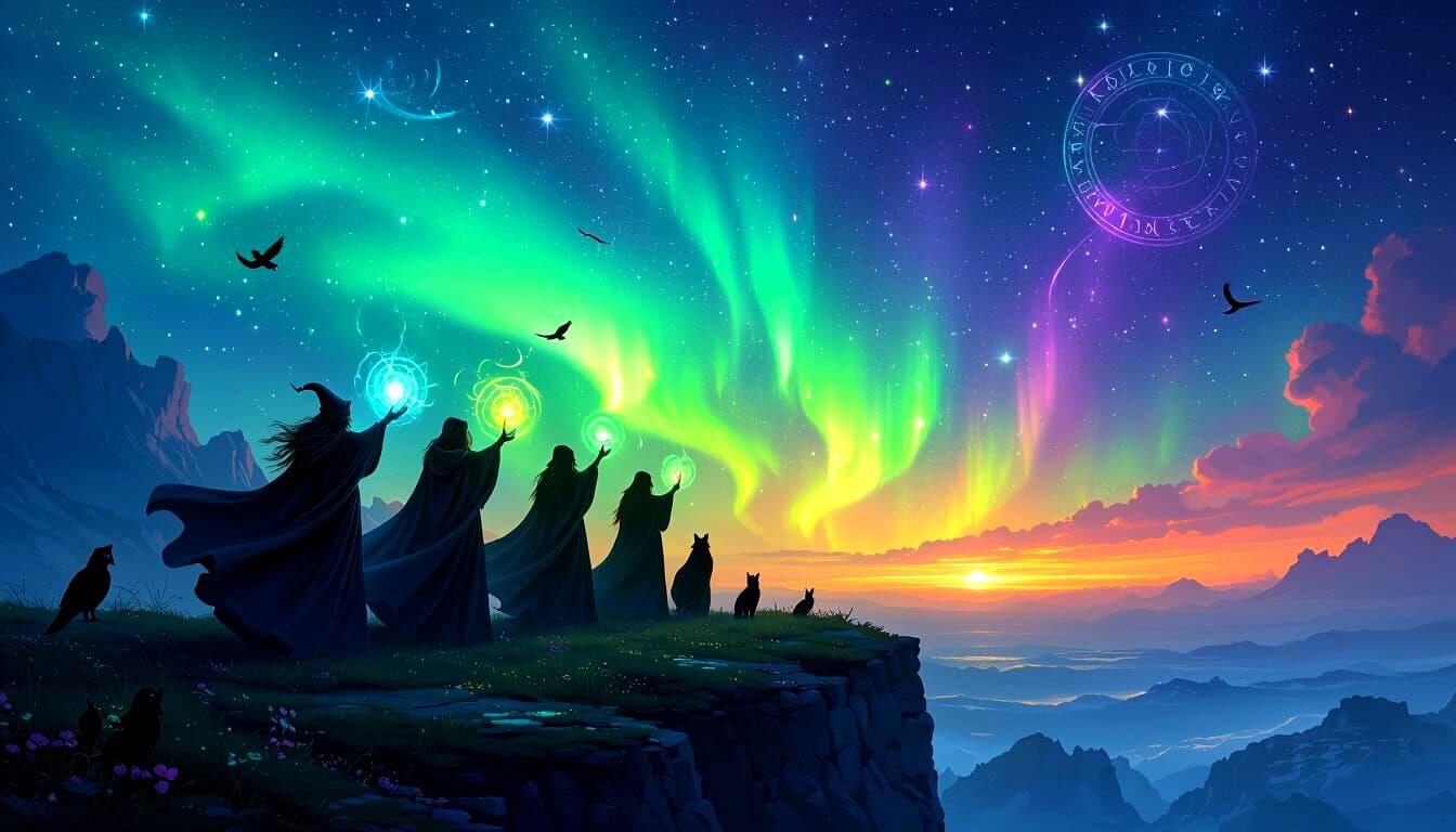 Witches Coven Casting Spells Under Aurora Sky