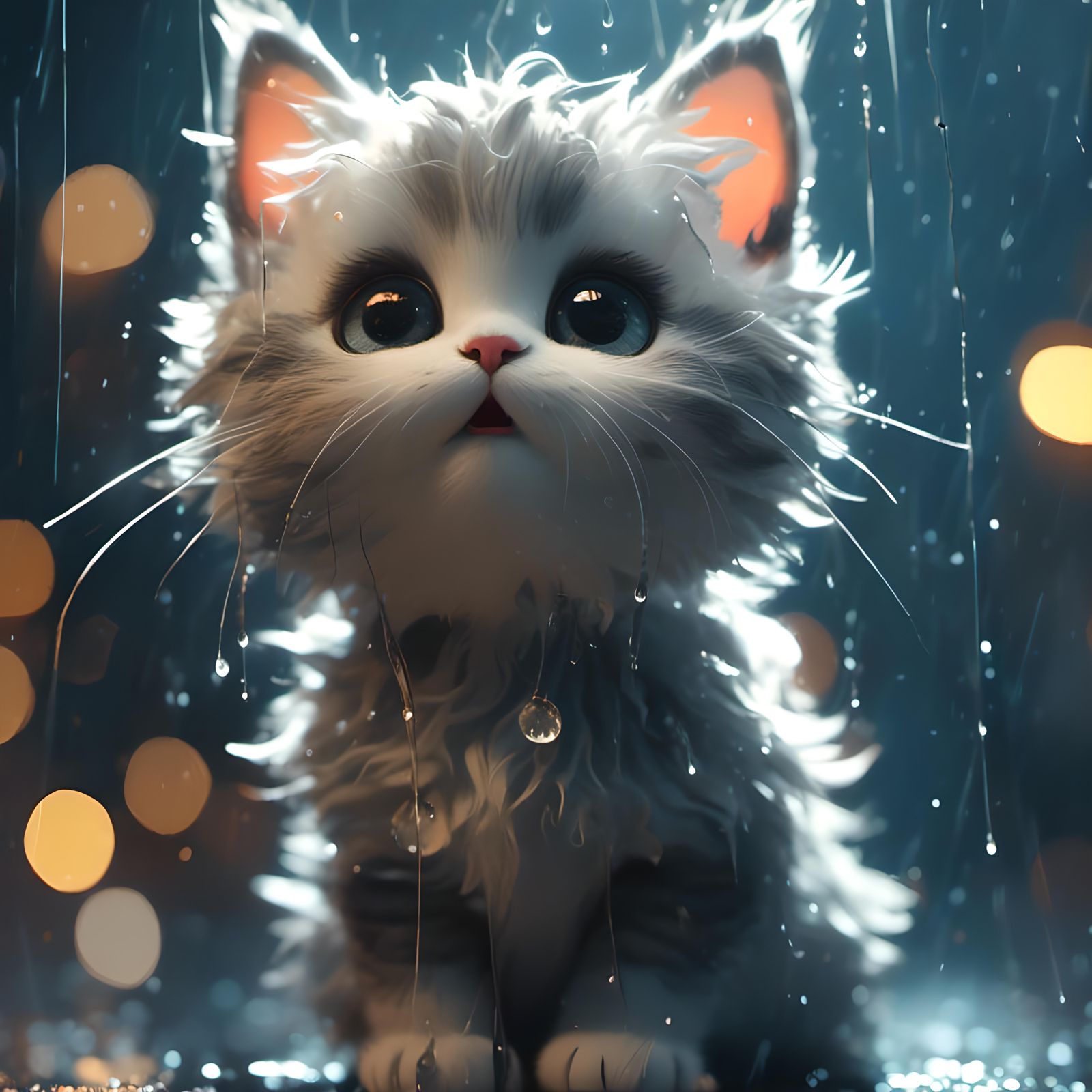 Adorable Kitten in Rainy Bioluminescent Night