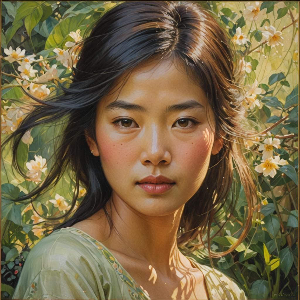 Serene Asian Woman in Garden, Impressionist Oil Painting
