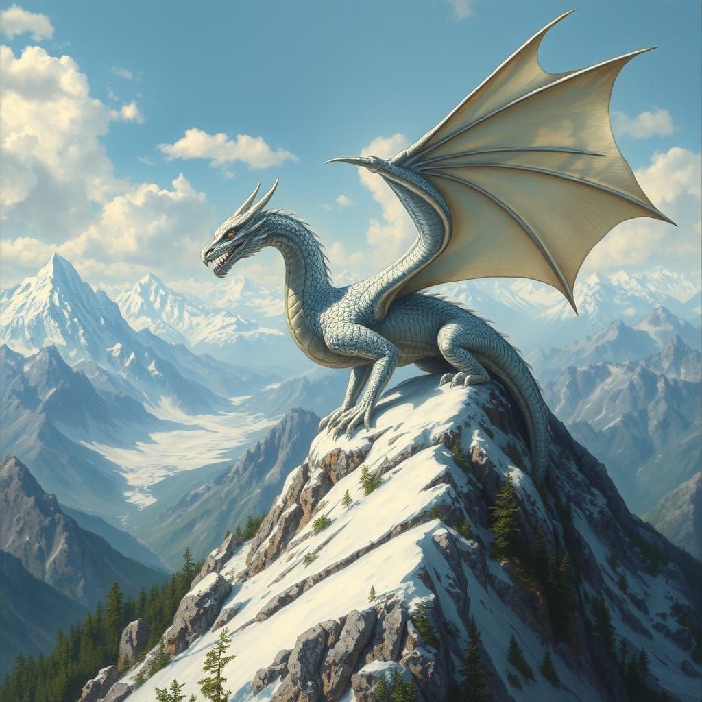 A majestic silver dragon perched atop a snow-capped mountain...