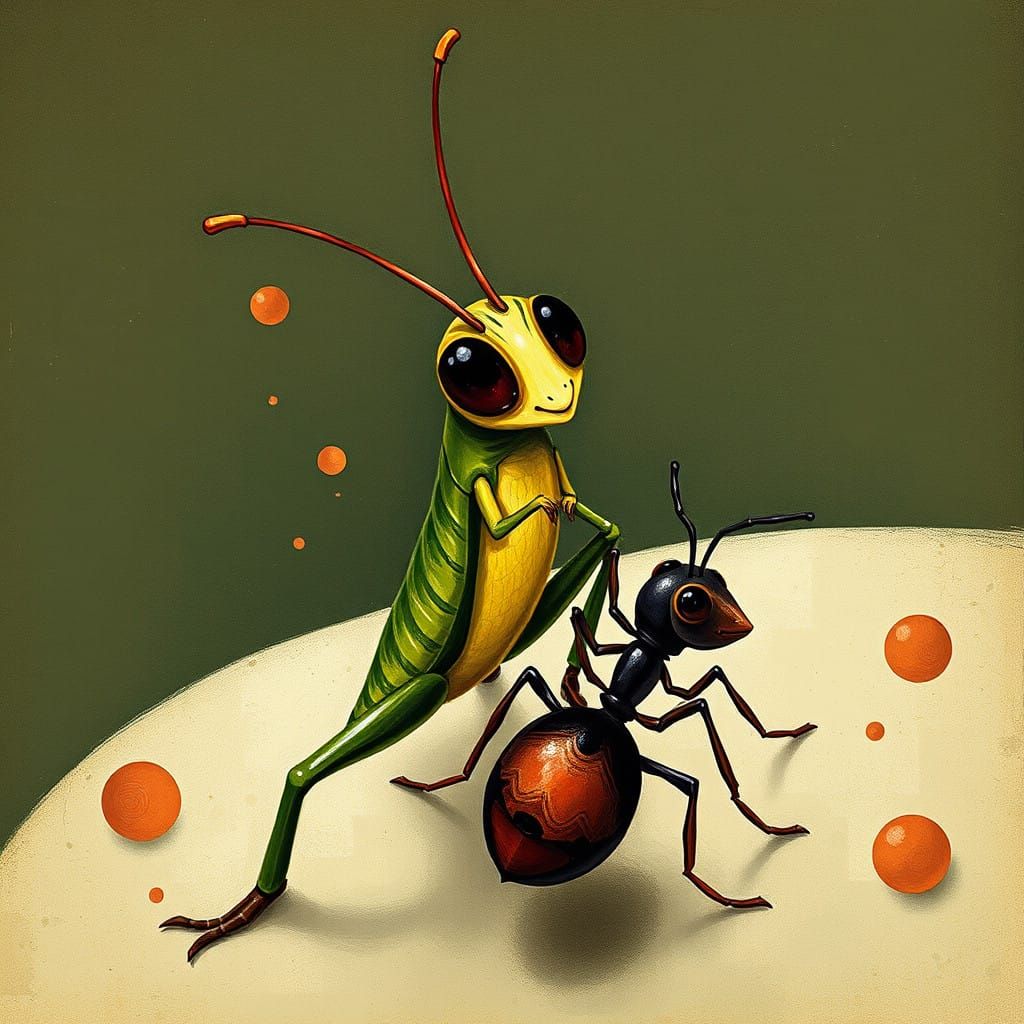 Whimsical Eastern European Folk Art Illustration of Grasshop...