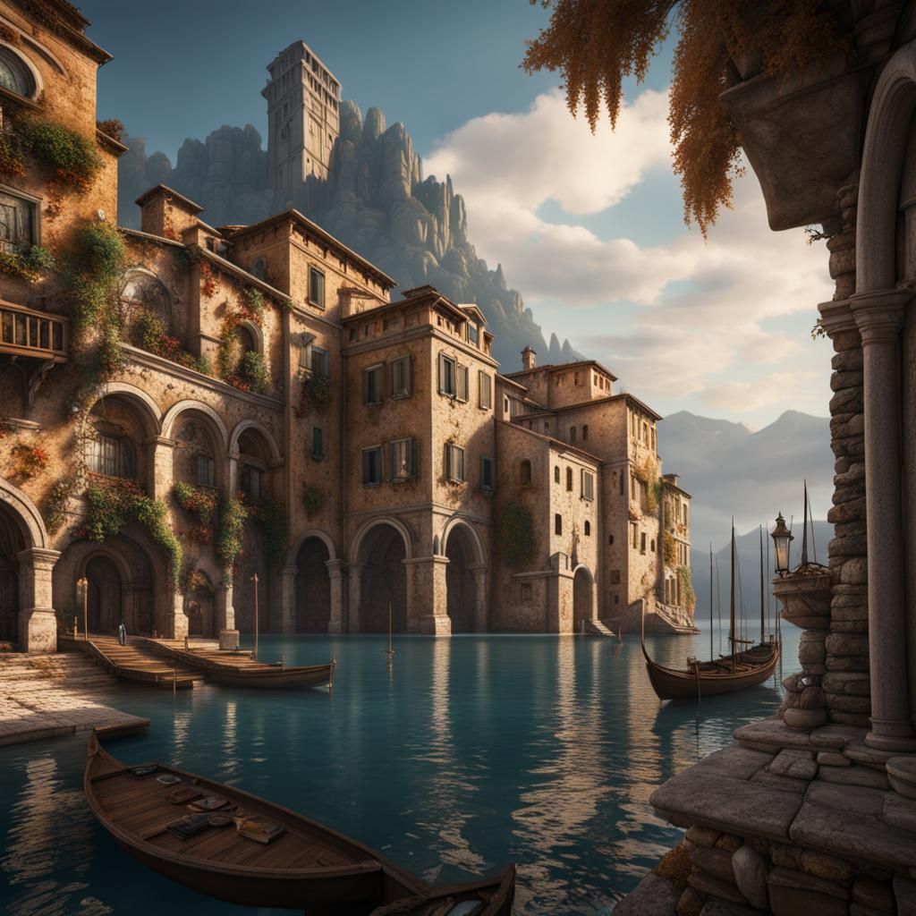 Fantastical Italy in Deep Color, Detailed Matte Painting
