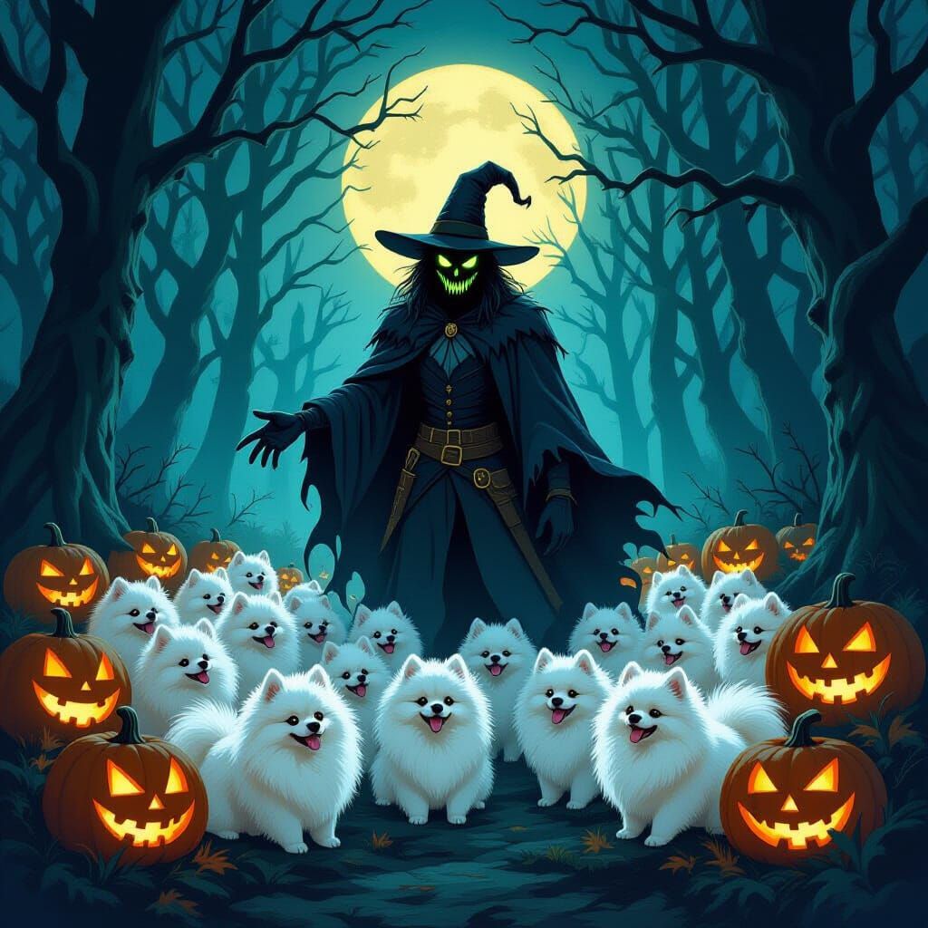Headless Horseman and Pomeranians in Spooky Woods