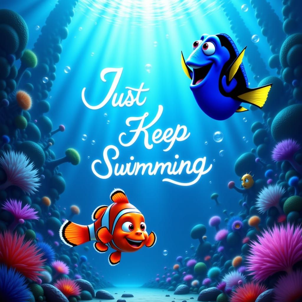 Marlin and Dory Swim Joyfully in Vibrant Underwater Scene