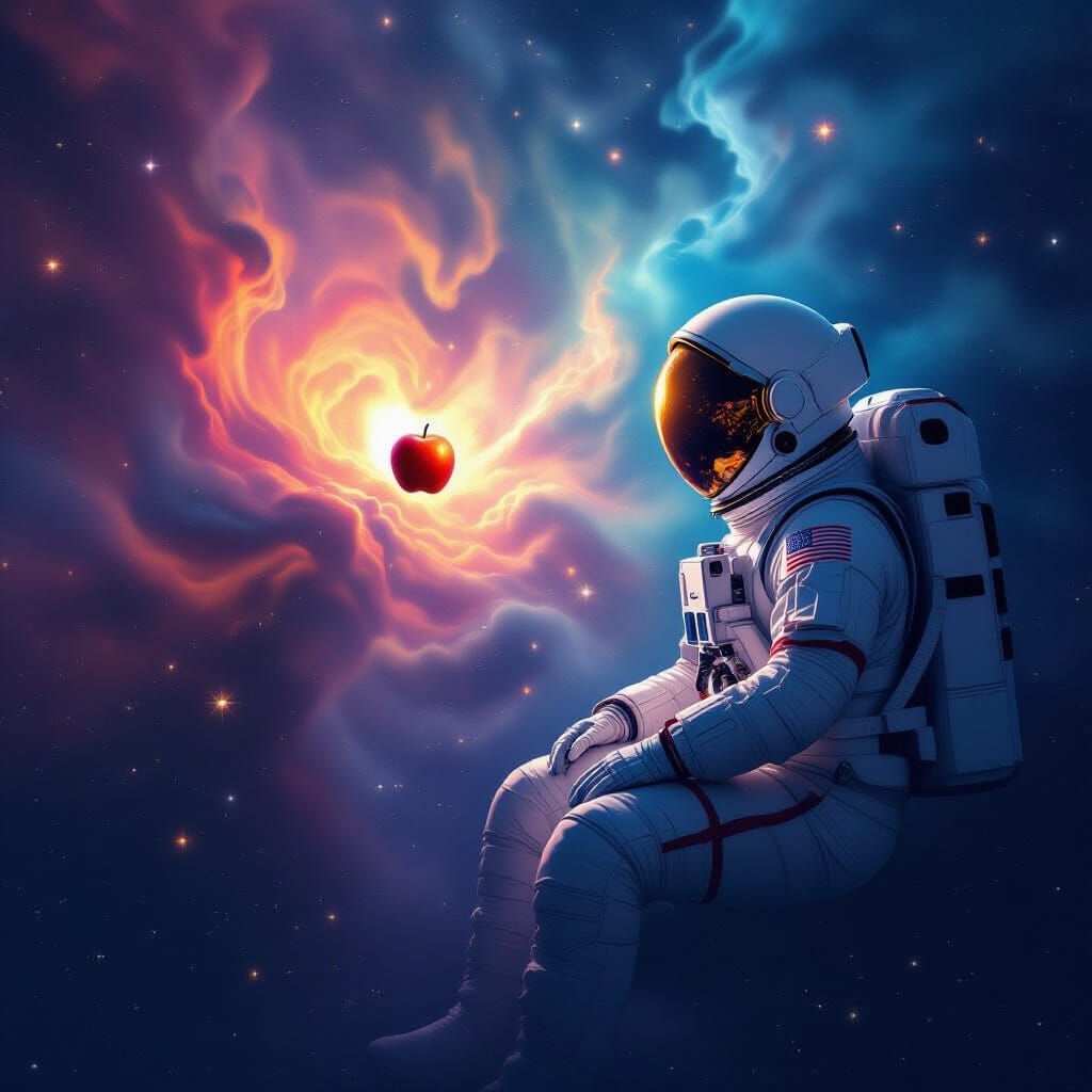 Astronaut Contemplates Luminous Apple in Nebula